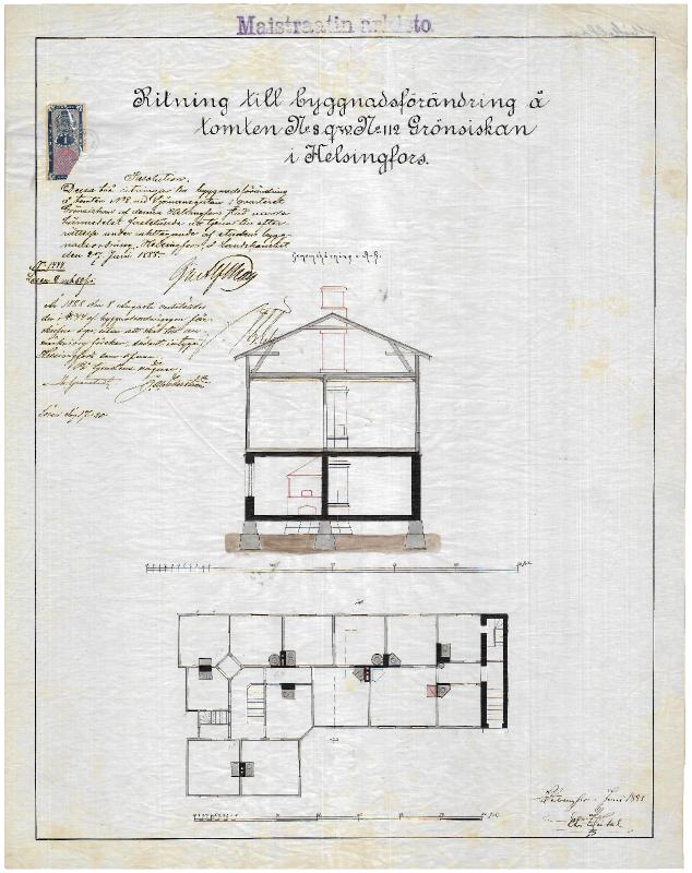 Esikatselukuva:&nbsp;Merimiehenkatu 14, leikkaus- ja pohjapiirustus