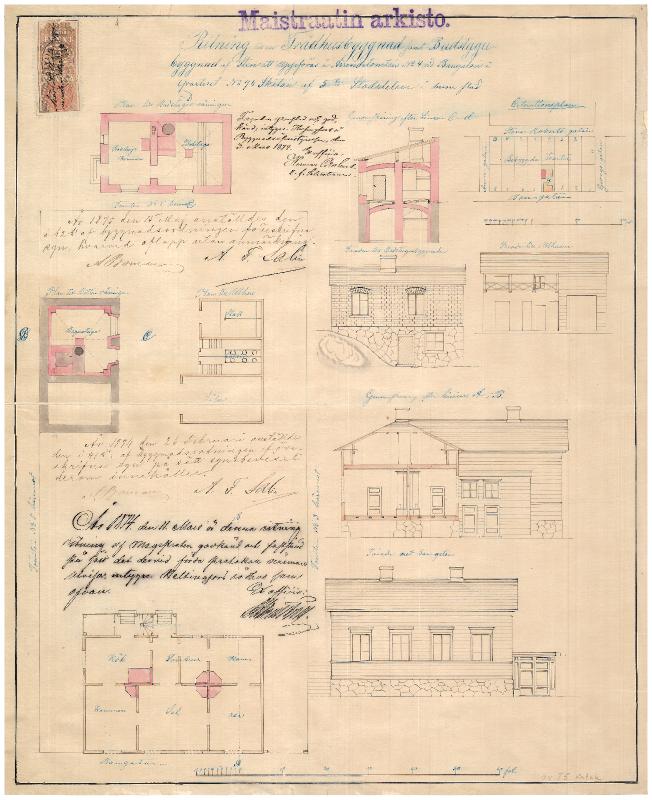 Esikatselukuva:&nbsp;Ratakatu 7, julkisivu-, leikkaus-, pohja- ja asemapiirustus