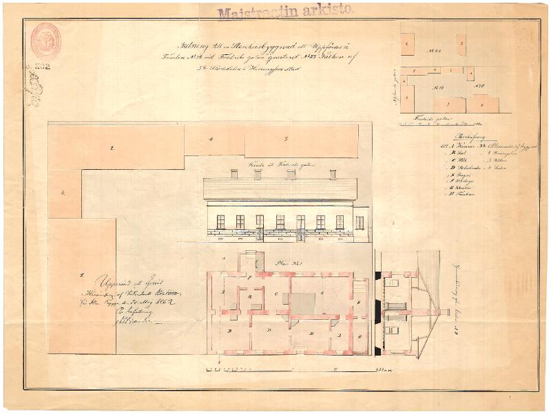Esikatselukuva:&nbsp;Fredrikinkatu 24, julkisivu-, leikkaus-, pohja- ja asemapiirustus