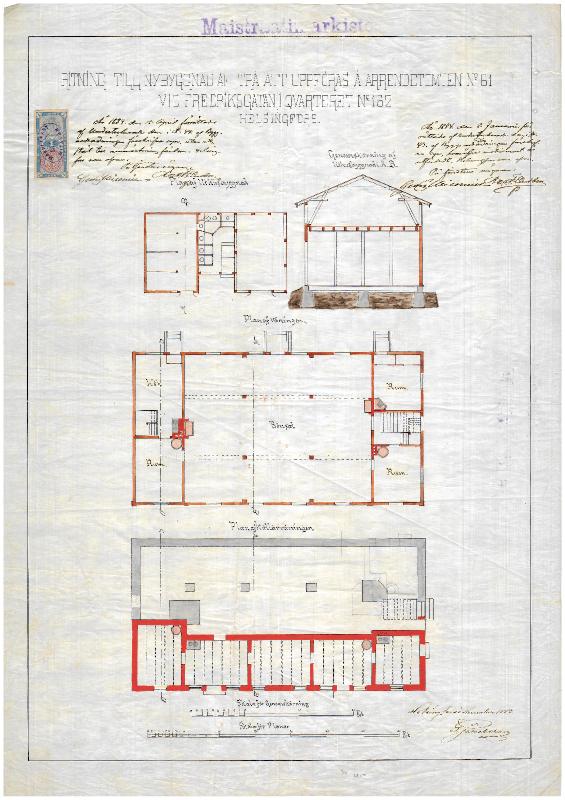 Esikatselukuva: Fredrikinkatu 61, leikkaus- ja pohjapiirustus