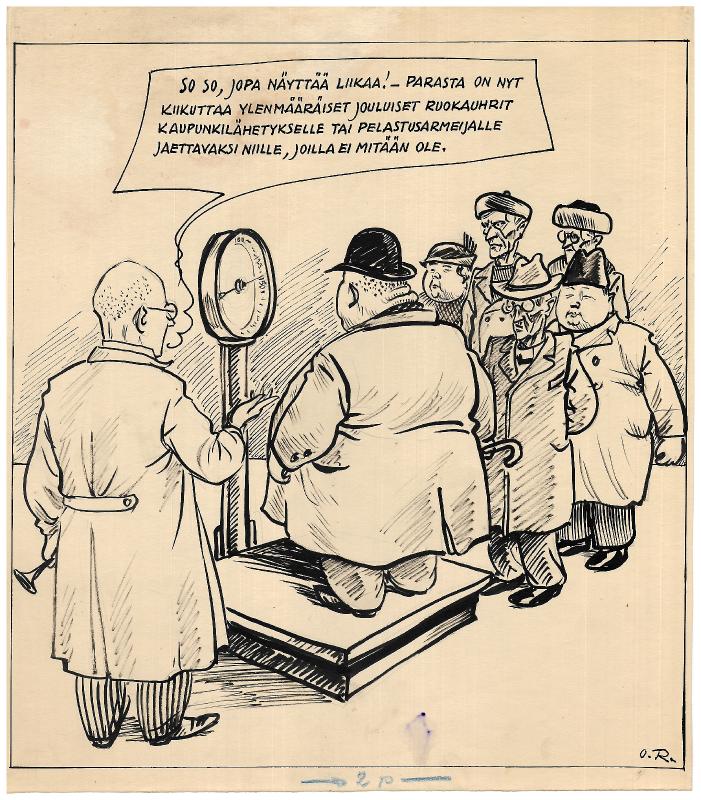 Esikatselukuva: Päivän piirtoja Helsingin Sanomille 20.12.1932 nro 78
	
		Päivän piirtoja Helsingin Sanomille 20.12.1932 nro 78. Tohtori Lauri Taipale varoittaa joulun yle...