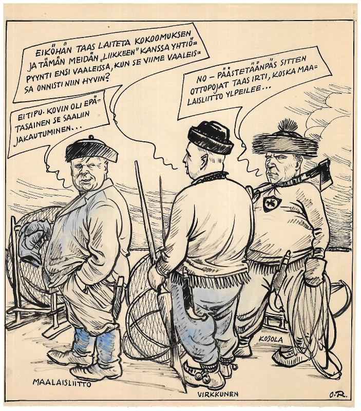 Esikatselukuva: Päivän piirtoja HS:lle (19.1.1933). Nro 104
	
		Päivän piirtoja HS:lle (19.1.1933). Nro 104.
Maalaisliitto, Paavo Virkkunen, Vihtori Kosola, Kok...