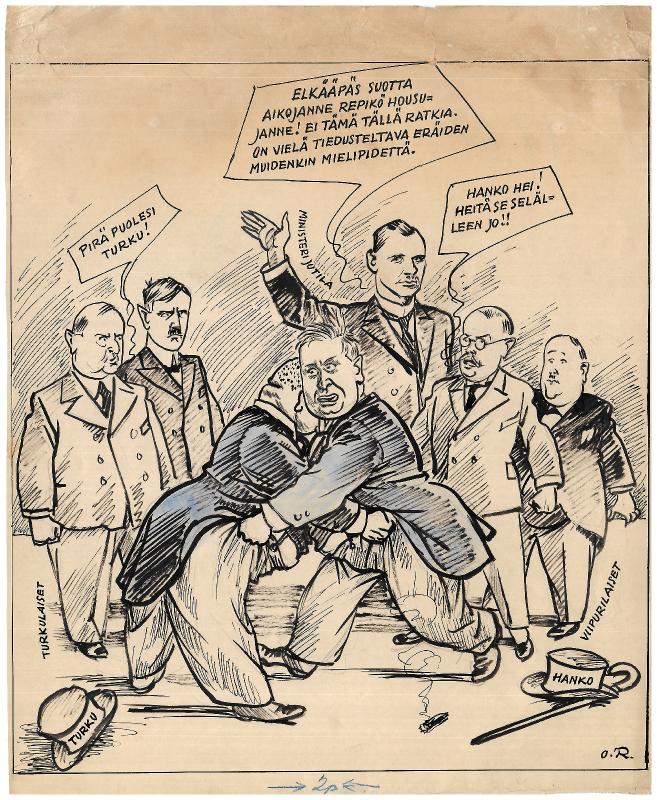 Esikatselukuva: Päivän piirtoja HS:lle (25.1.1933). Nro 110
	
		Päivän piirtoja HS:lle (25.1.1933). Nro 110.
Vientisatamakysymys. Ministeri Kalle Jutila, turkul...