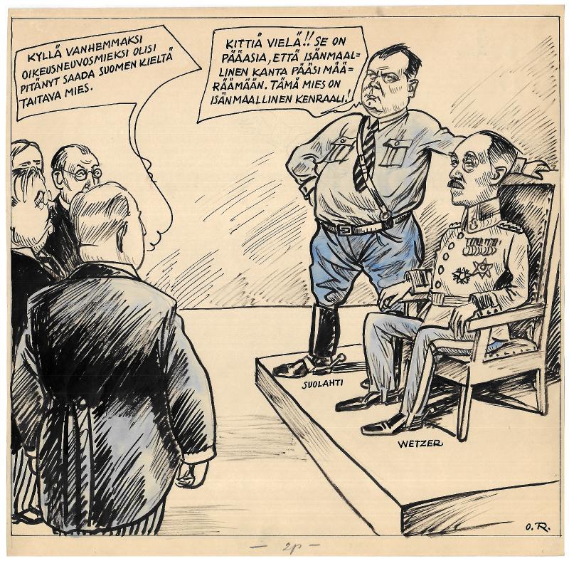Esikatselukuva: Päivän piirtoja HS:lle (16.4.1933). Nro 189
	
		Päivän piirtoja HS:lle (16.4.1933). Nro 189.
Eino Suolahti, oikeusneuvosmies Martin Wetzer.