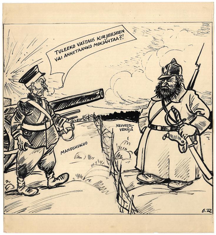 Esikatselukuva: Päivän piirtoja HS:lle (13.9.1933). Nro 284, Mantsukuo ja Neuvosto-Venäjä
	
		Päivän piirtoja HS:lle (13.9.1933). Nro 284. Mantsukuon ja Neuvostoliiton välit.

Kuvateksti: &...