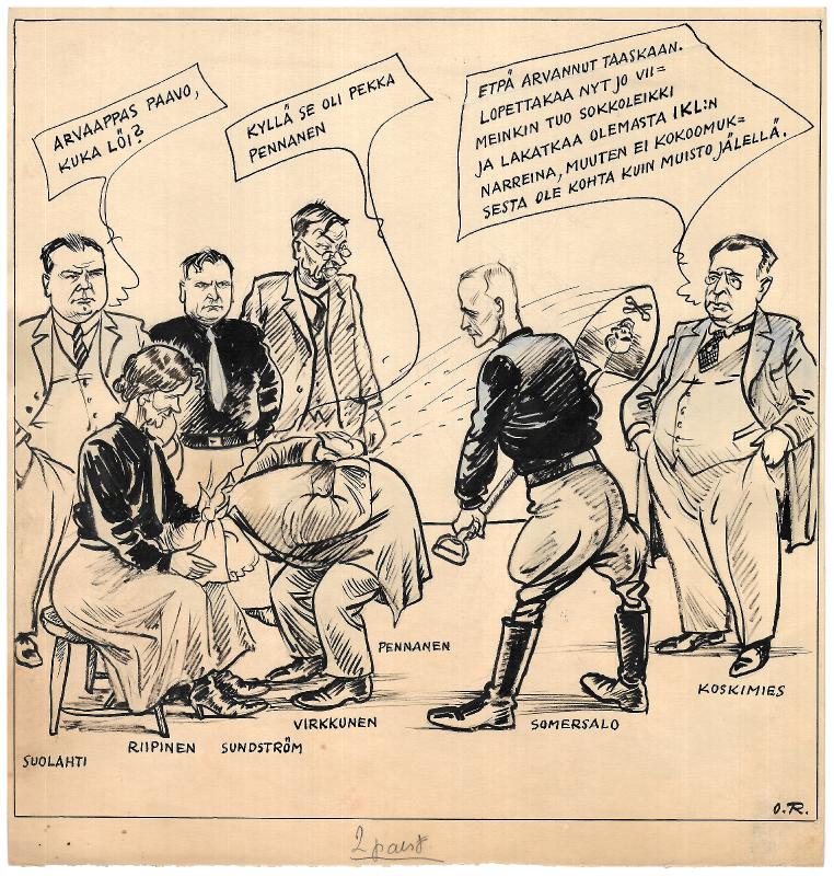 Esikatselukuva: Päivän piirtoja HS:lle (11.1.1934), nro 396, kokoomus ja IKL
	
		Päivän piirtoja HS:lle (11.1.1934), nro 396. Kokoomus ja IKL. Eino Suolahti, Hilja Riipinen, Brun...