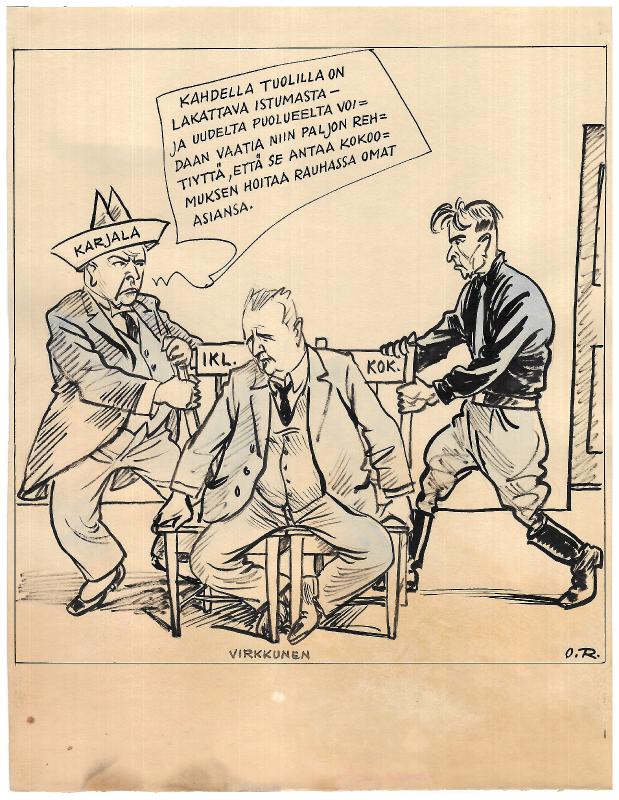 Esikatselukuva: Päivän piirtoja HS:lle (28.1.1934), nro 412, kokoomus ja IKL
	
		Päivän piirtoja HS:lle (28.1.1934), nro 412. Kokoomus ja IKL. Kokoomuksen puheenjohtaja Paavo Vir...