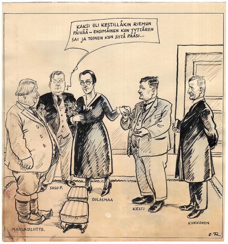 Thumbnail: Päivän piirtoja HS:lle (29.1.1934), nro 413, maalaisliitto ja pienviljelijäin liitto
	
		Päivän piirtoja HS:lle (29.1.1934), nro 413. Maalaisliitto ja pienviljelijäin liitto. Henkilöhahm...