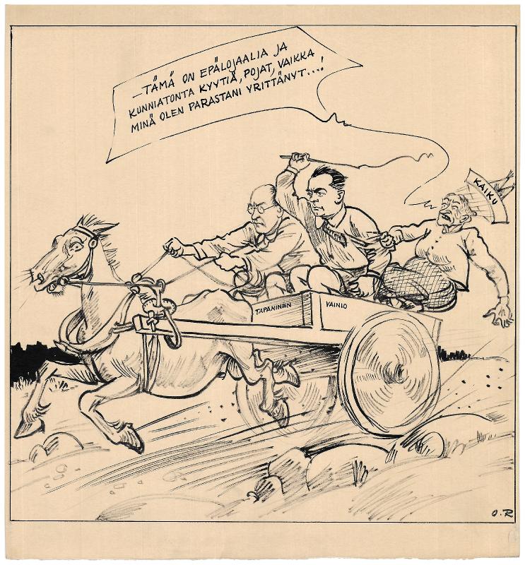 Esikatselukuva: Päivän piirtoja HS:lle (2.10.1934), nro 597, IKL ja Kaiku-lehti
	
		Päivän piirtoja HS:lle (2.10.1934), nro 597. IKL ja Kaiku-lehti. Vaunujen ohjaksissa IKL:n kansan...