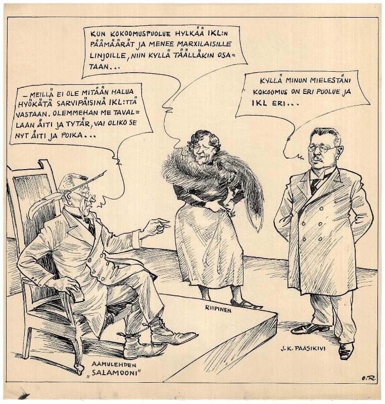 Esikatselukuva: Päivän piirtoja HS:lle (9.11.1934). Nro . 630
	
		Päivän piirtoja HS:lle (9.11.1934). Nro . 630. Hilja Riipinen, Juho Kusti Paasikivi, Aamulehden &...