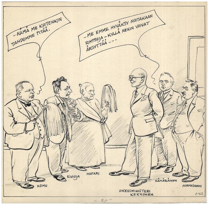 Esikatselukuva: Päivän piirtoja HS:lle 11.12.1936, nro 1172
	
		Päivän piirtoja HS:lle 11.12.1936, nro 1172
Oikeusministeri Urho Kekkonen, Komu, Vilho Kivioja, ...
