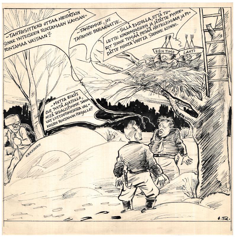 Esikatselukuva: Päivän piirtoja HS:lle (17.1.1939) 3429, yhteinen rintama
	
		Päivän piirtoja HS:lle (17.1.1939) 3429. Yhteinen rintama. Uuden Suomen Timo (J. W. Tuura), Lahti...