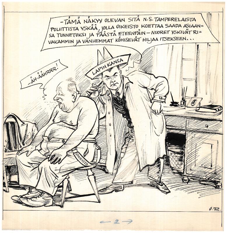 Esikatselukuva: Päivän piirtoja HS:lle (31.5.1939) 3533, yskivä oikeisto
	
		Päivän piirtoja HS:lle (31.5.1939) 3533. Yskivä oikeisto. Lapin Kansa (päätoimittaja Lauri Kaijal...
