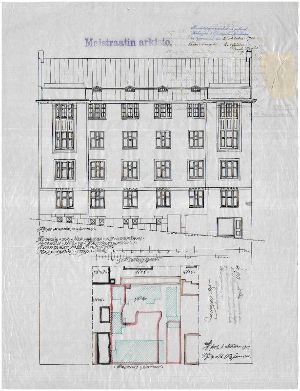 Esikatselukuva: Kristianinkatu 11, julkisivu- ja asemapiirustus