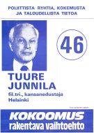 Esikatselukuva: Tuure Junnila, fil.tri., kansanedustaja, Helsinki. 46. Poliittista ryhtiä, kokemusta ja taloudellista tietoa.