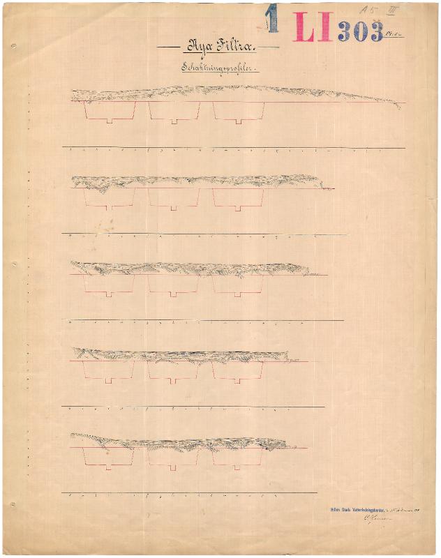 Esikatselukuva:&nbsp;066 Vanhakaupunki. Kuninkaankartanonsaari. Suodatinaltaat IV, V ja VI vv. 1891 - 1897. Rakennuspiirustukset. Nya filtra. Schaktningsprofiler (piirustus nro 303)