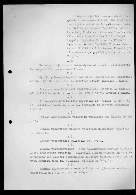 Esikatselukuva: Kansallisen Kokoomuspuolueen eduskuntaryhmän ryhmäkokousten pöytäkirjat 1952