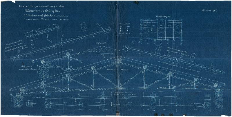 Esikatselukuva: 877 Alppilan vesisäiliö, rakennepiirustukset, Eiserne Dachconstruction für das Wasserwerk in Helsingfor. 5 Stück normale Binder. I annormaler Binder 1:100, 1:50