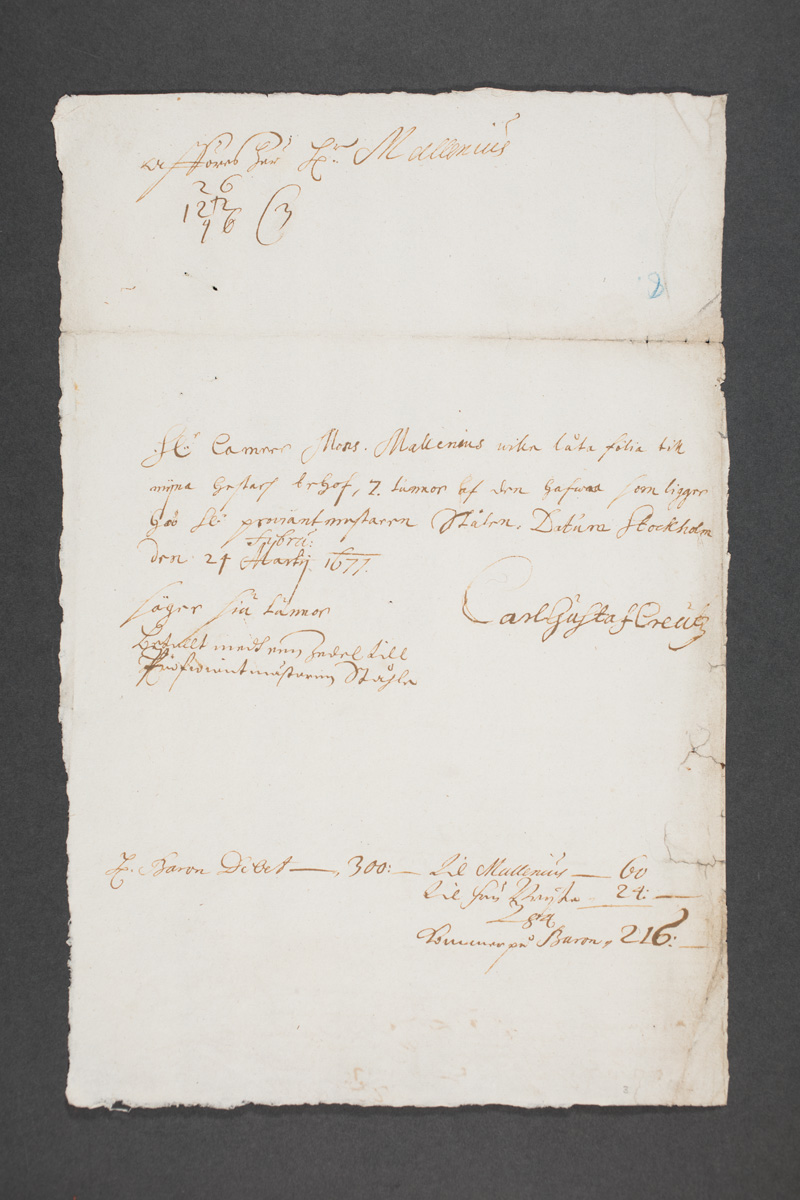 Esikatselukuva: Brev från Carl Gustaf Creutz till ...
	
		Brev från Carl Gustaf Creutz till kamrer Mallenius 24.2.1677.