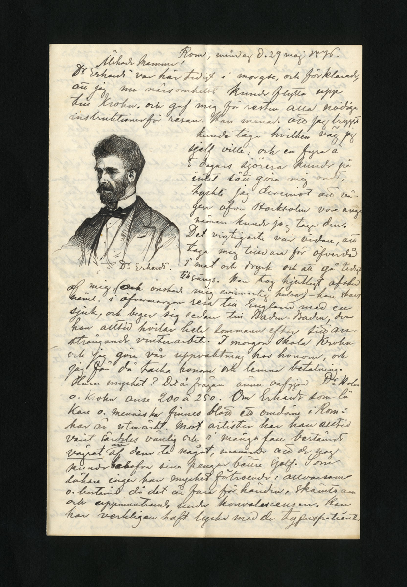 Esikatselukuva: Rom, måndag d. 29 maj 1876.
	
		Albert Edelfelts brev från Rom till Alexandra Edelfelt, skrivet den 29 maj 1876, 4 sidor. Illustr...