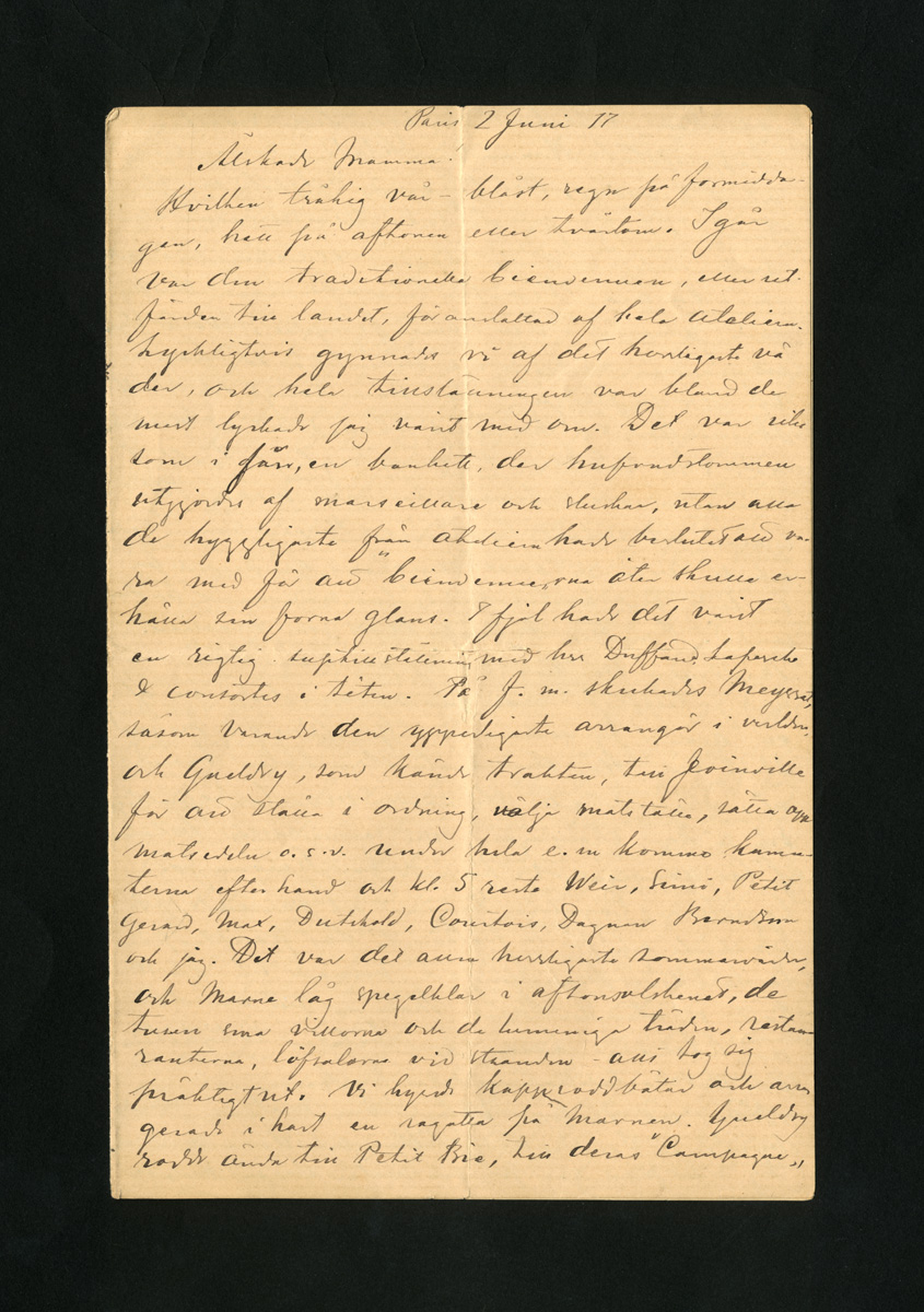 Esikatselukuva: Paris 2 Juni 77
	
		Albert Edelfelts brev till Alexandra Edelfelt från Paris den 2 juni 1877, 6 sidor.