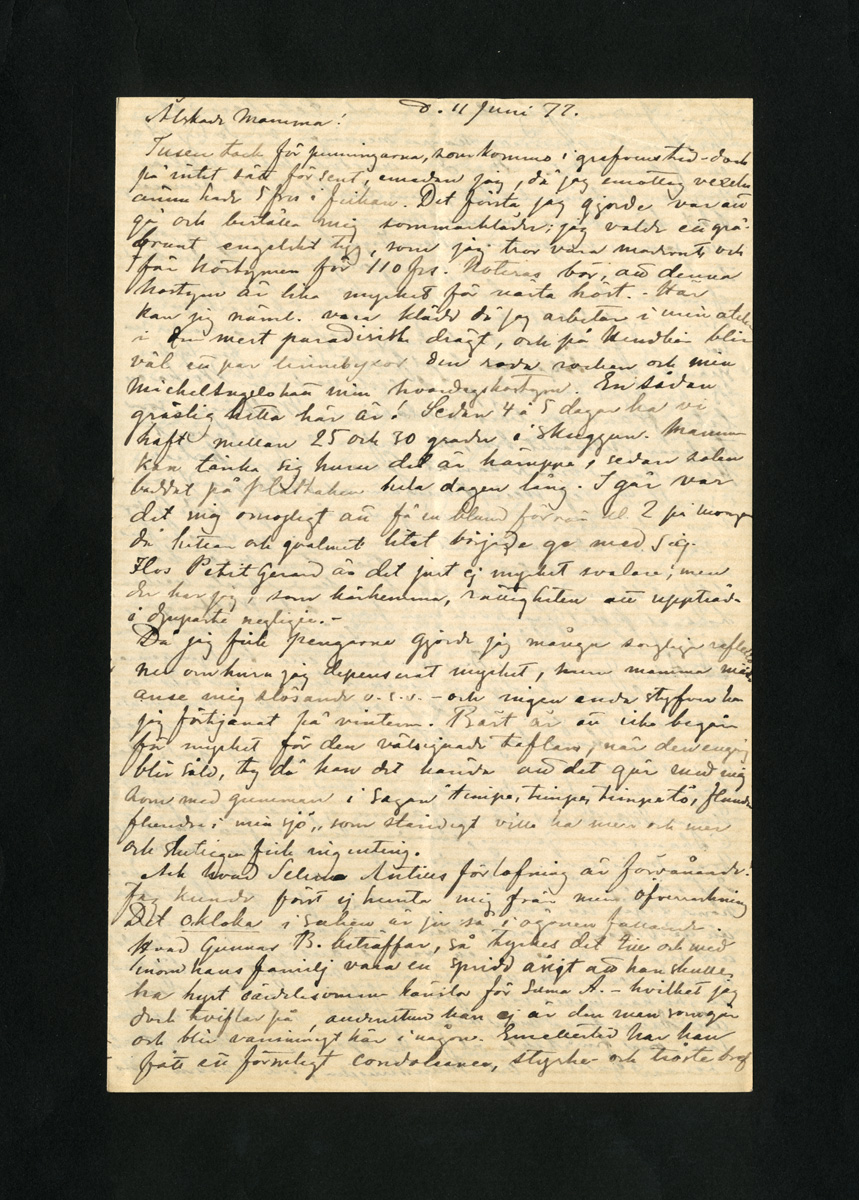 Esikatselukuva: d. 11 Juni 77
	
		Albert Edelfelts brev till Alexandra Edelfelt den 11 juni 1877, 4 sidor. Brevet saknar avslutning.