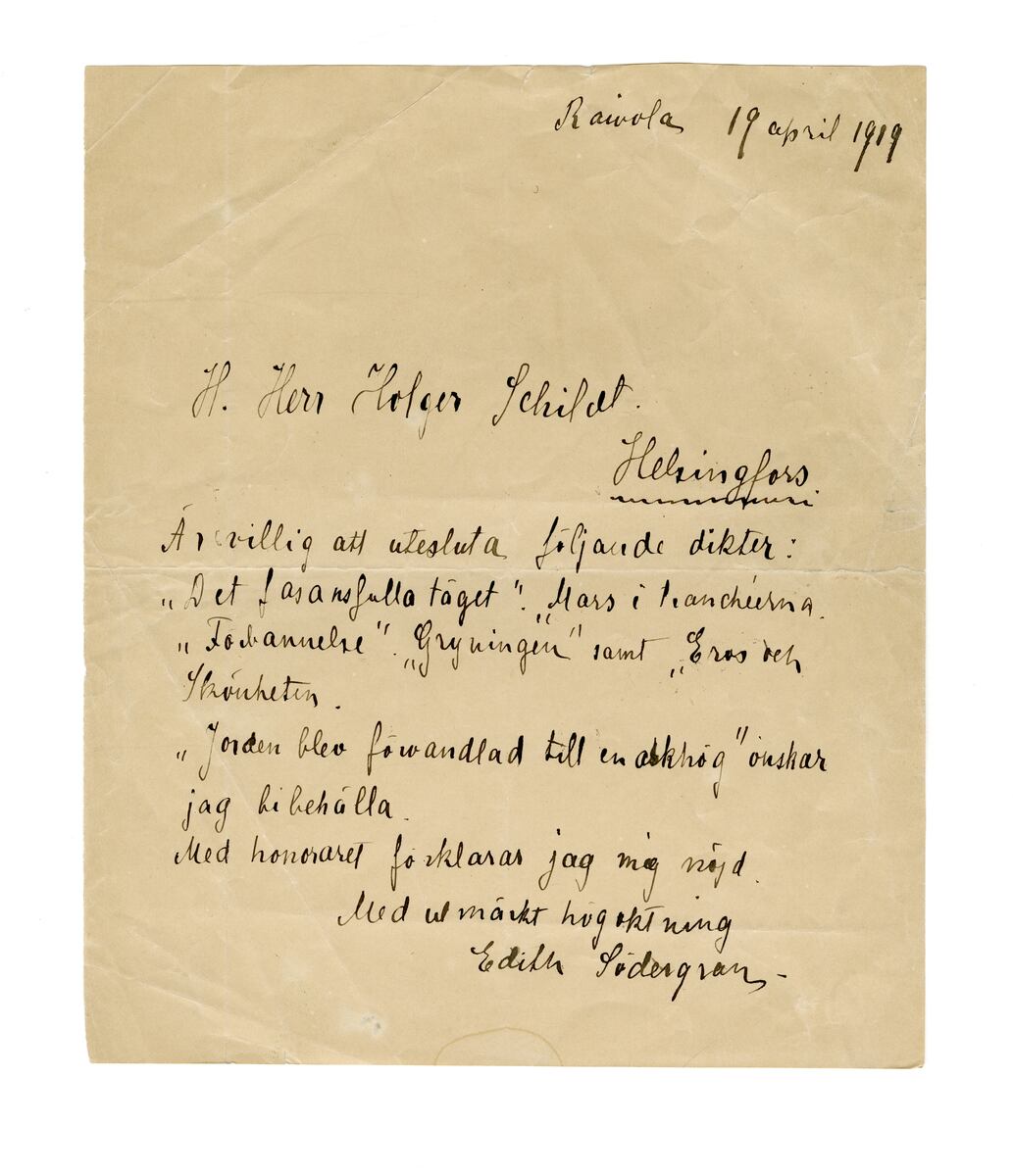 ???resource.thumbnail???: Brev från Edith Södergran till Holger Schildt
	
		Brev från Edith Södergran till Holger Schildt 19 april 1919. Brevet gäller Södergrans tredje dikt...