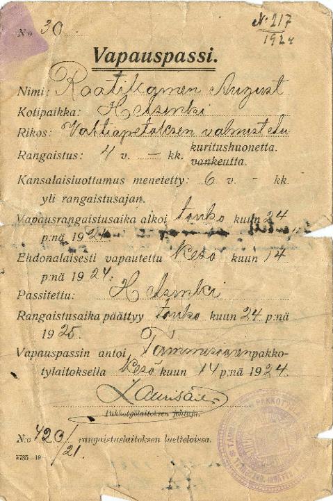 Esikatselukuva:&nbsp;Raatikainen vapauspassi 1924
	
		Vapauspassi, Tammisaaren pakkotyölaitos