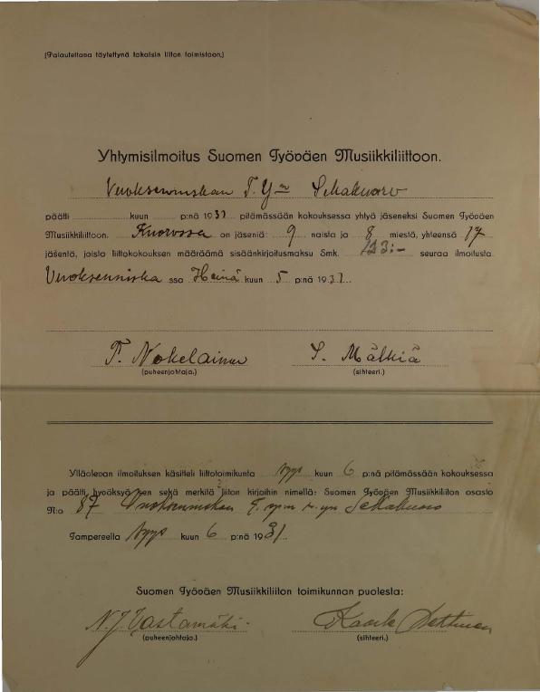Esikatselukuva: Perusjärjestöjen yhtymisilmoitukset
	
		Perusjärjestöjen yhtymisilmoitukset Suomen Työväen Musiikkiliittoon vuosilta 1920-1931.