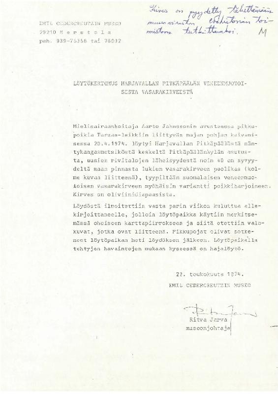 Esikatselukuva:&nbsp;Harjavalta, Pitkäpäälä. Vasarakirveen löytöpaikan tarkastus 1974