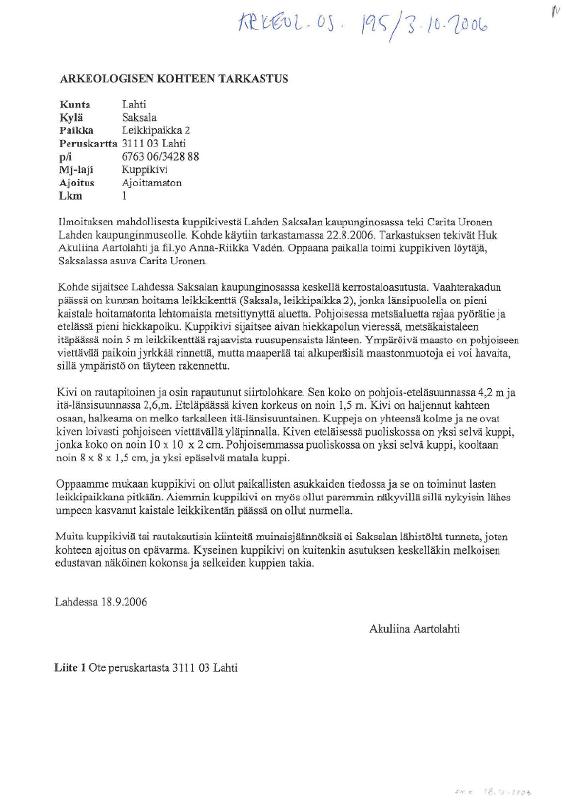 Esikatselukuva: Lahti, Leikkipaikka 2. Kuppikiven tarkastus 2006