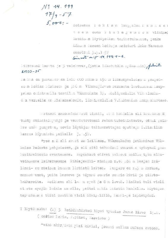 Esikatselukuva: Nokia, Kankaantaka Pihlajamäki. Viikinkiaikaisen löytöpaikan tarkastus 1957