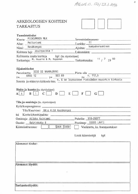 Esikatselukuva:&nbsp;Pieksämäen mlk, Kesäkangas. Kampakeraamisen asuinpaikan? tarkastus 1990