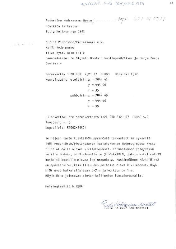 Esikatselukuva: Pedersöre, Nederpurmo Nystu. Röykkiön tarkastus 1983