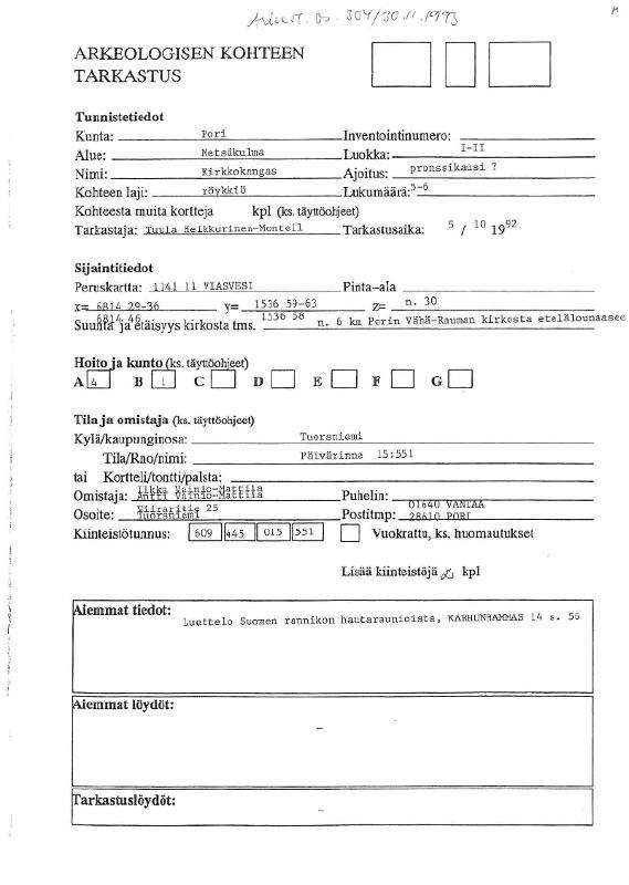 Ladataan Pori, Metsäkulma Kirkkokangas. Pronssikautisen? röykkiön tarkastus 1992