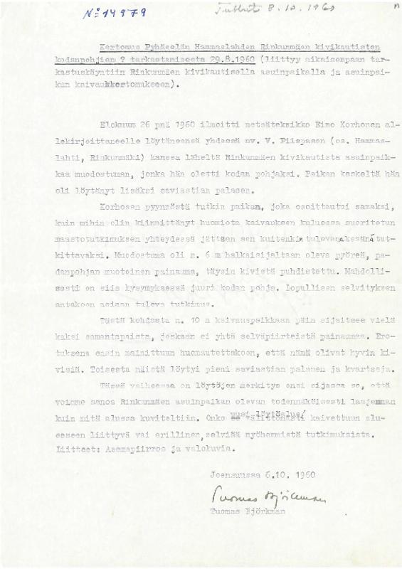 Esikatselukuva:&nbsp;Kertomus Pyhäselän Hammaslahden Rinkunmäen kivikautisten kodanpohjien ? tarkastamisesta 29.8.1960