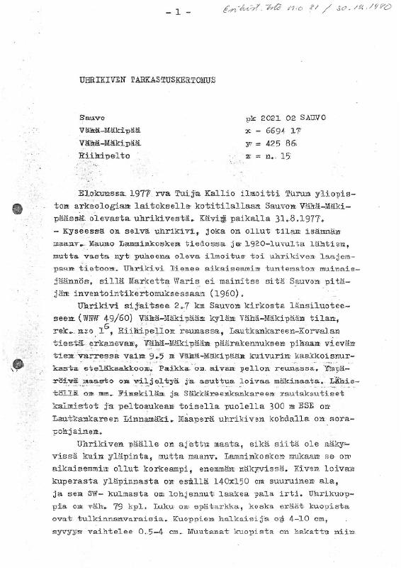 Esikatselukuva: Sauvo, Vähä-Mäkipää Riihipelto. Uhrikiven tarkastus 1977