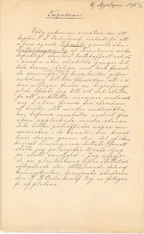 Esikatselukuva: Taipalsaari Kattelussaari Sikosalo Kiviröykkiön koekaivaus 1896