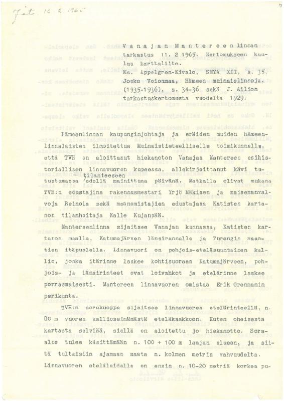 Esikatselukuva:&nbsp;Vanajan Mantereenlinnan tarkastus 11.2.1965