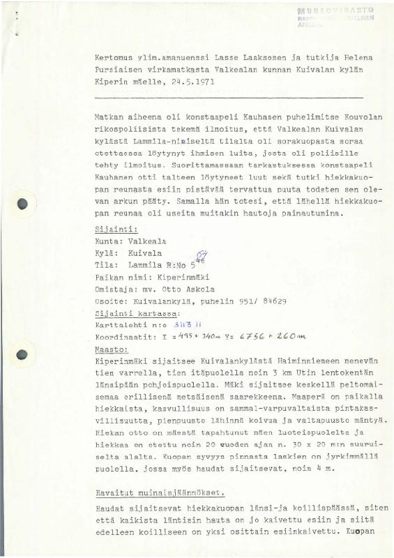 Esikatselukuva: Kertomus ylim.amanuenssi Lasse Laaksosen ja tutkija Helena Pursiaisen virkamatkasta Valkealan kunnan Kuivalan kylän Kiperin mäelle, 24.5.1971