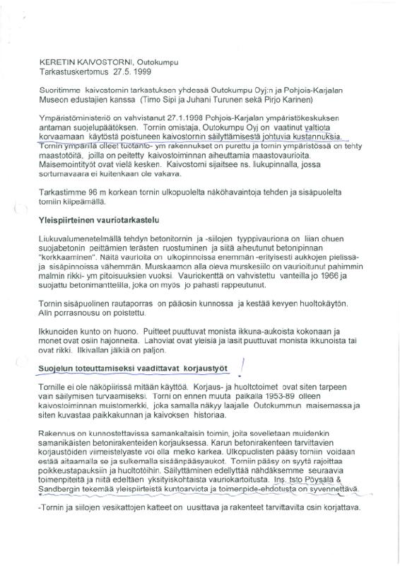 Esikatselukuva: Keretin kaivostorni, Outokumpu. Tarkastuskertomus 27.5.1999