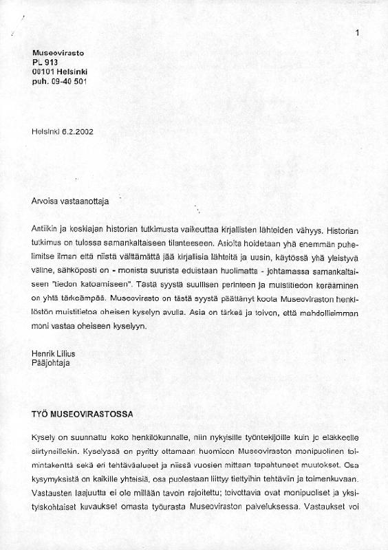 Esikatselukuva: Kansatieteellinen kyselytutkimus, Museoviraston henkilöstön muistitieto