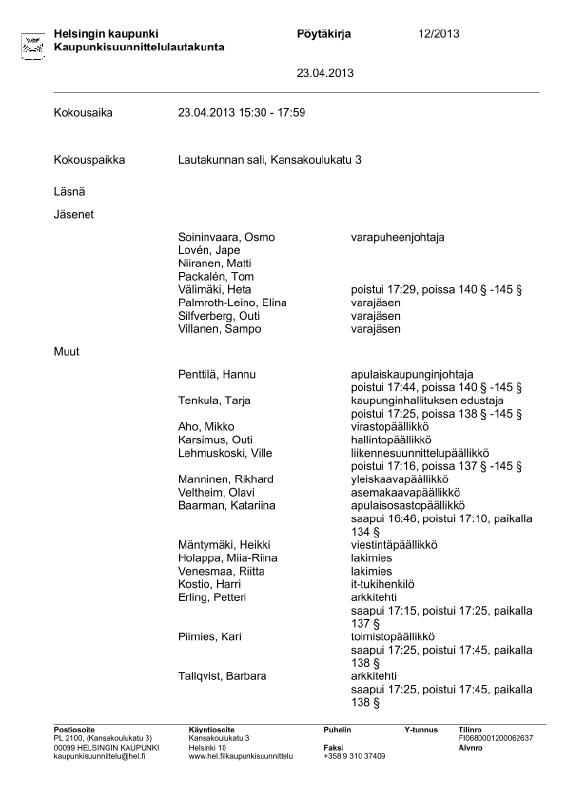 Esikatselukuva: 12/2013 Kaupunkisuunnittelulautakunta pöytäkirja 23042013